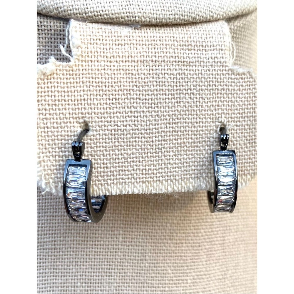 Dark Silver 925 Clear Stone Huggie Earrings
